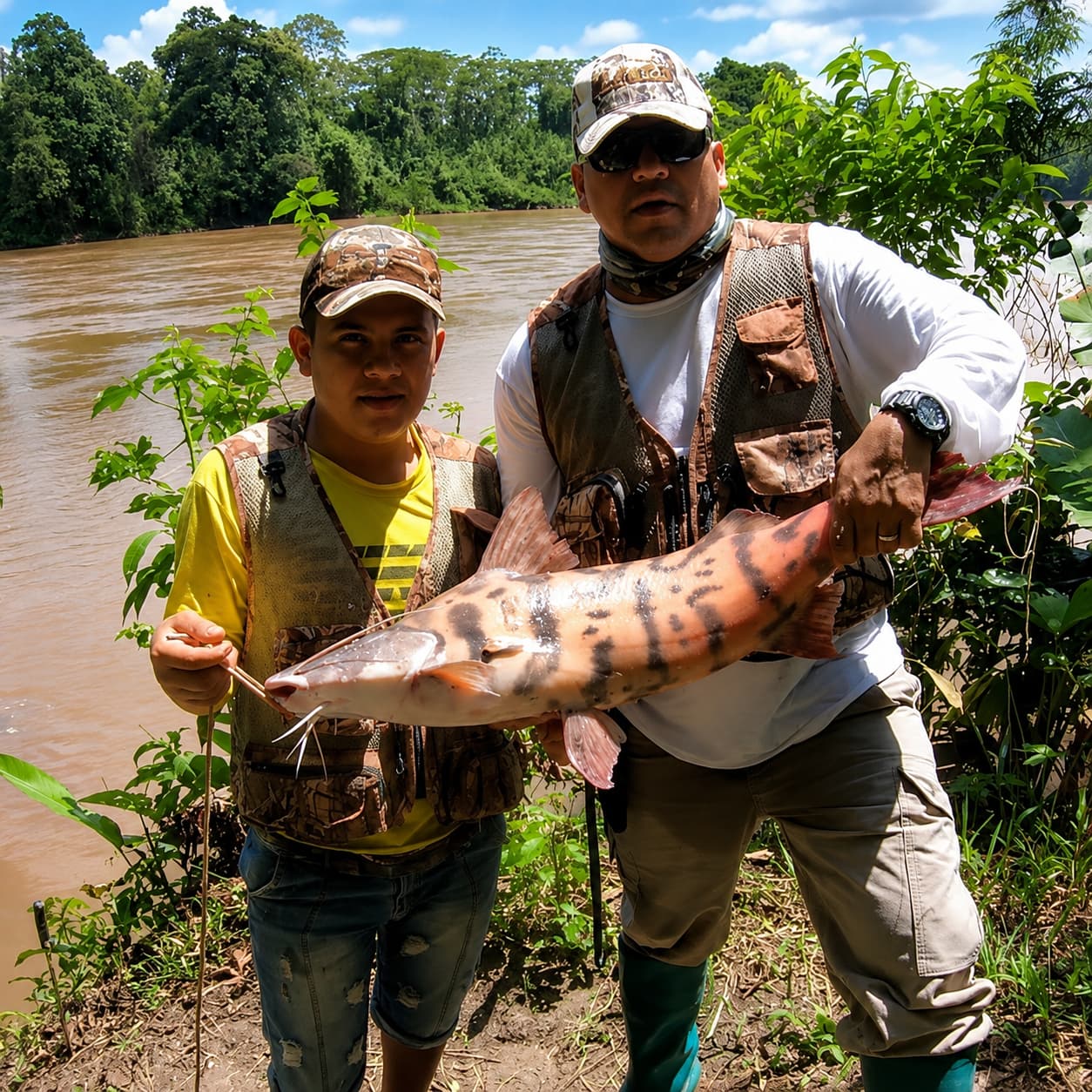 Pescador y joven mostrando una captura en la ribera de un río